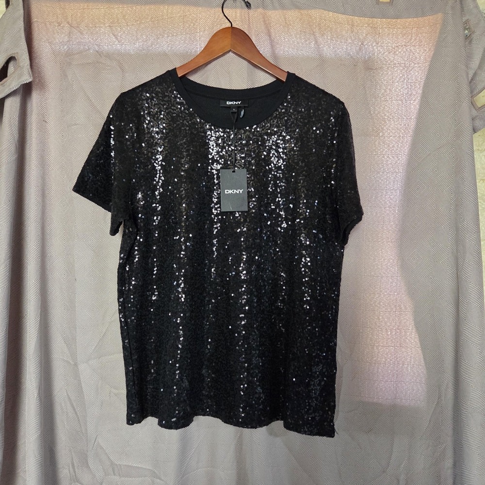 DKNY Shirt Womens L Black Crew Neck Short Sleeve Sequin Jersey Party Top